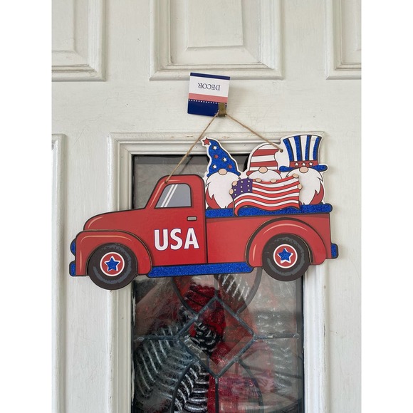 Patriotic Red Gnome Truck USA Flag Stars Sign Door Hanger Wall Wreath Decor - Picture 1 of 4